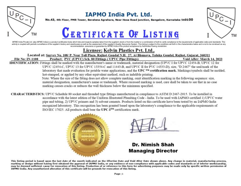 Kelvin Plastics Pvt. Ltd. UPVC Fittings Sc 80 ASTM D2467 2015  Listing  UPC I Certificate   File IN 1108  March 2022 23 14032022 page 0001